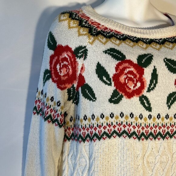 Mossimo SZS Vintage Ivory cable knit fair isle sweater Cottage Country Feminine - Picture 3 of 9